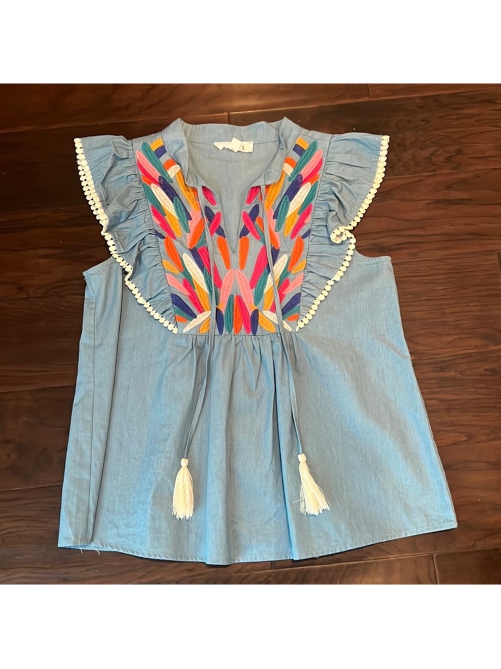 THML chambray Embroidered Ruffle top
